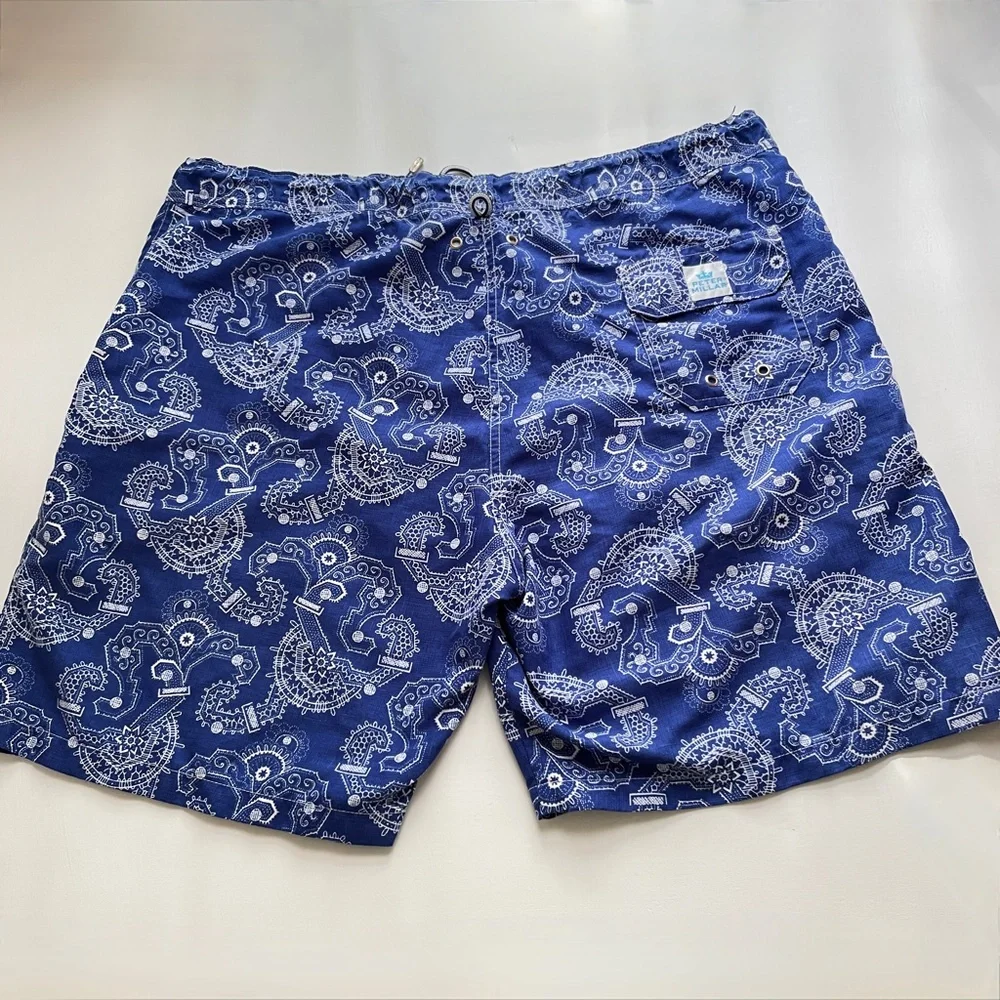 Peter Millar Mens Large Swim Trunks Blue Bandana Paisley Print Lined Board Short
